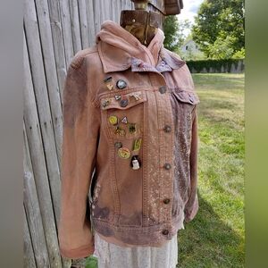 LL Bean custom 1 of 1 rust orange denim jacket & enamel pin collection Womens M